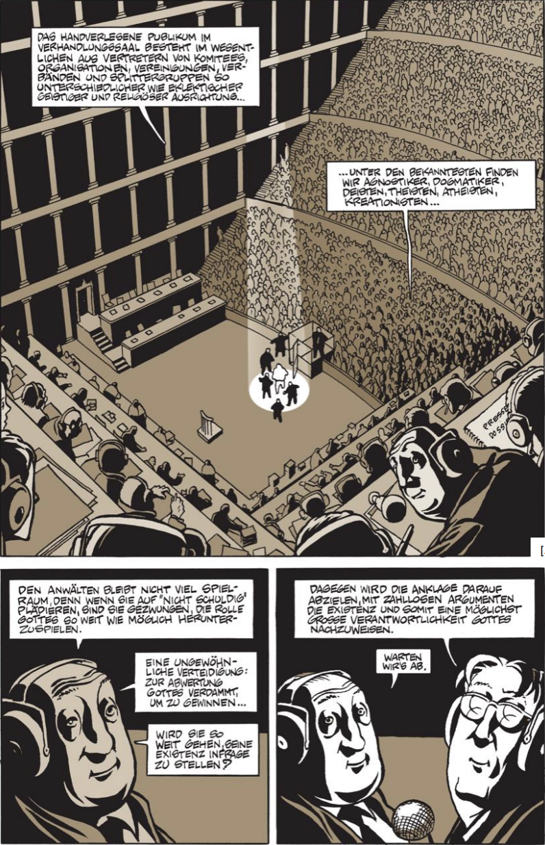 Comic-Illustration eines vollen Gerichtssaals mit Publikum, Podium, Sprechblasen und zwei Kommentatoren im Vordergrund.